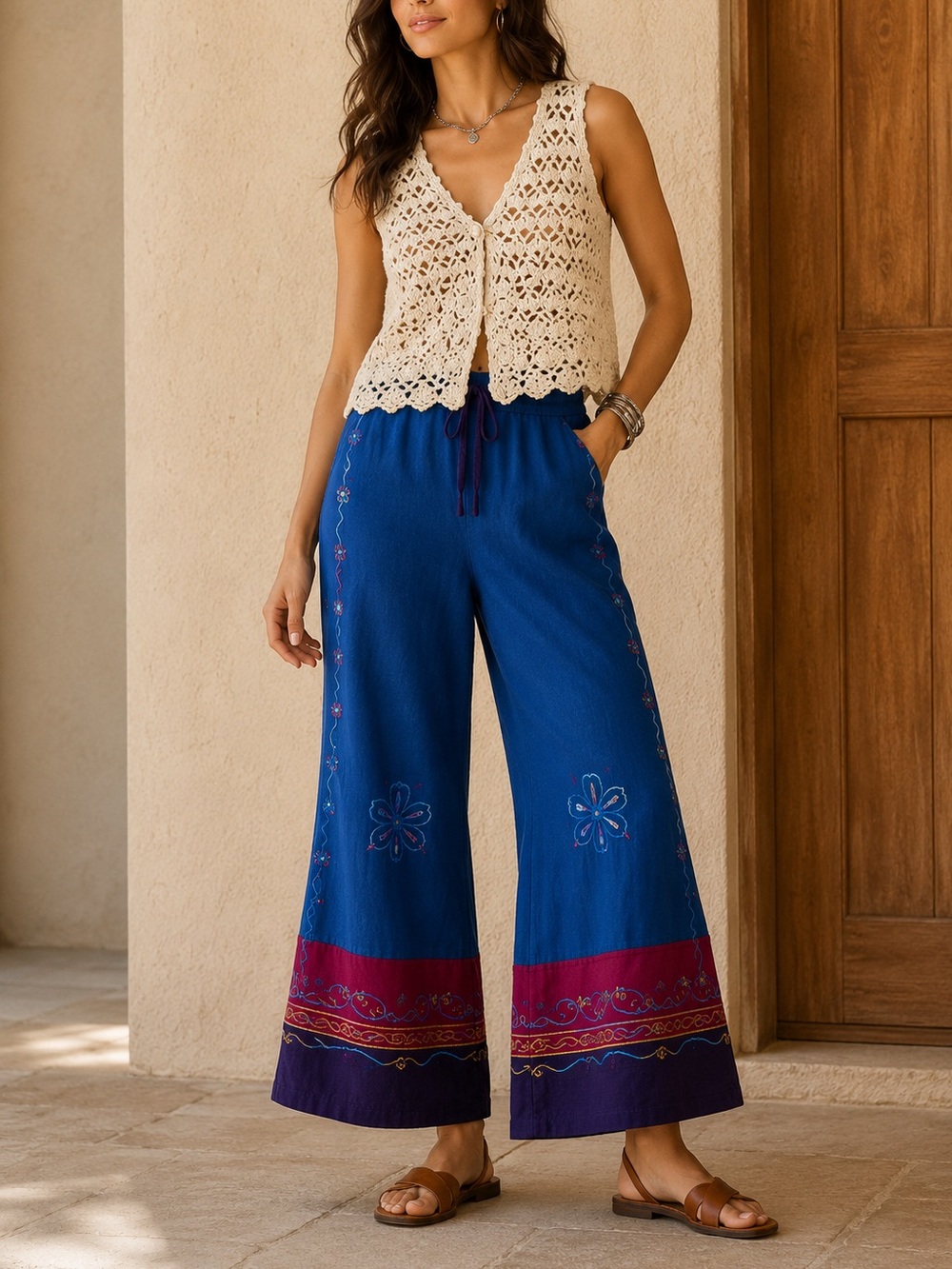 Cream Cotton & Ramie Crochet Knit Top with Floral Hem